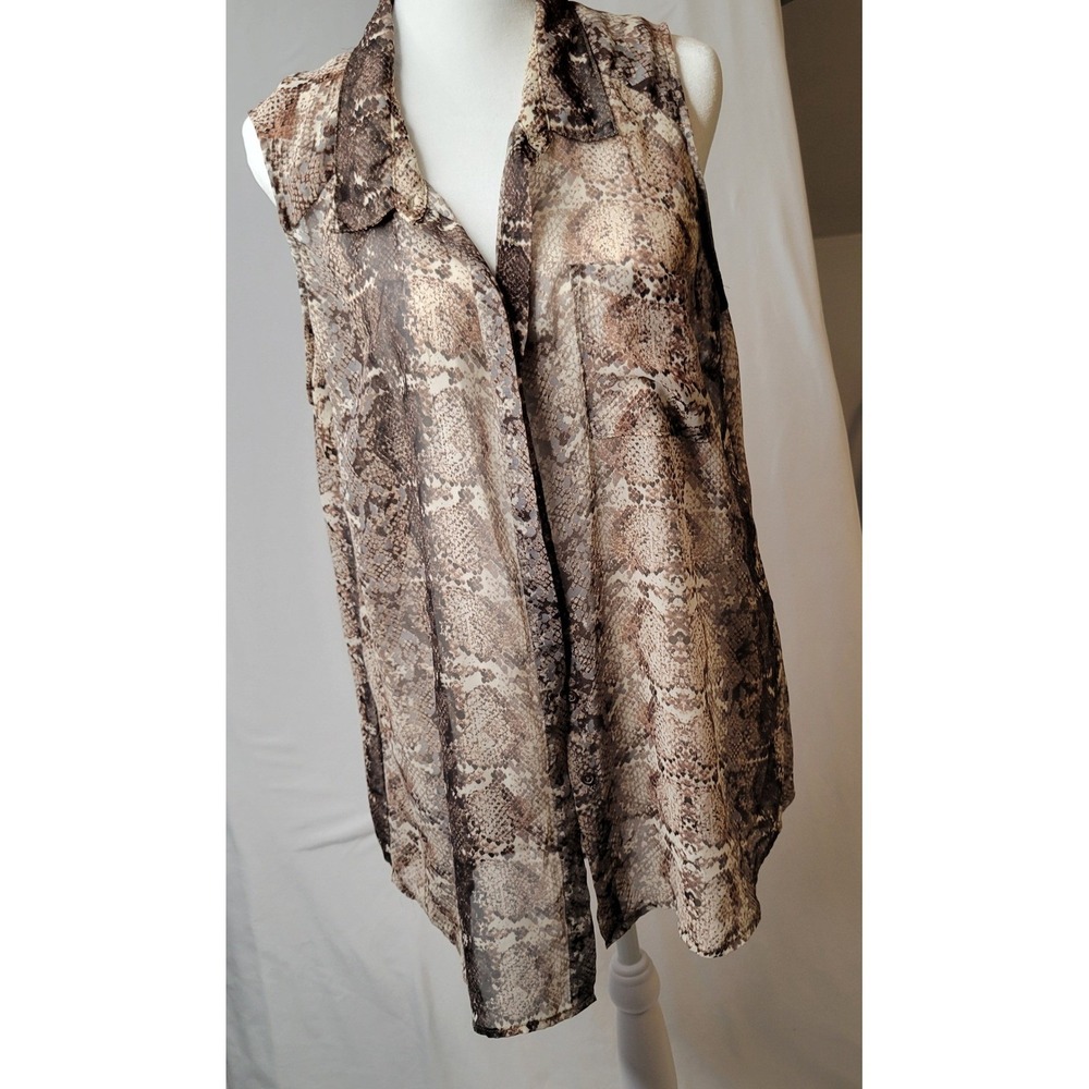 Olive & Oak Snakeskin Print Sleeveless Button Down Blouse‎ Brown Tan XL Chic